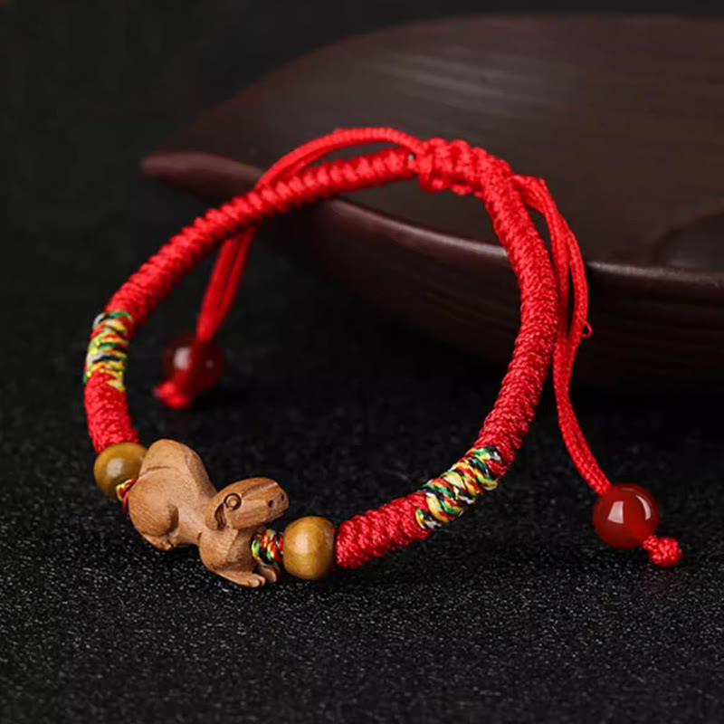 Chinese Zodiac Luck Bracelet with Red String and Peach Wood