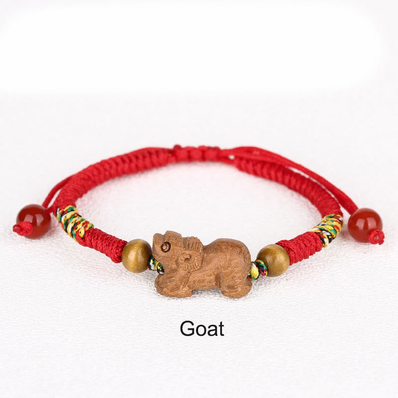 Chinese Zodiac Luck Bracelet with Red String and Peach Wood