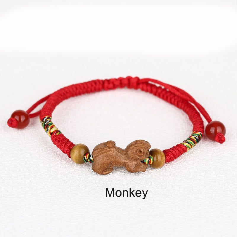 Chinese Zodiac Luck Bracelet with Red String and Peach Wood