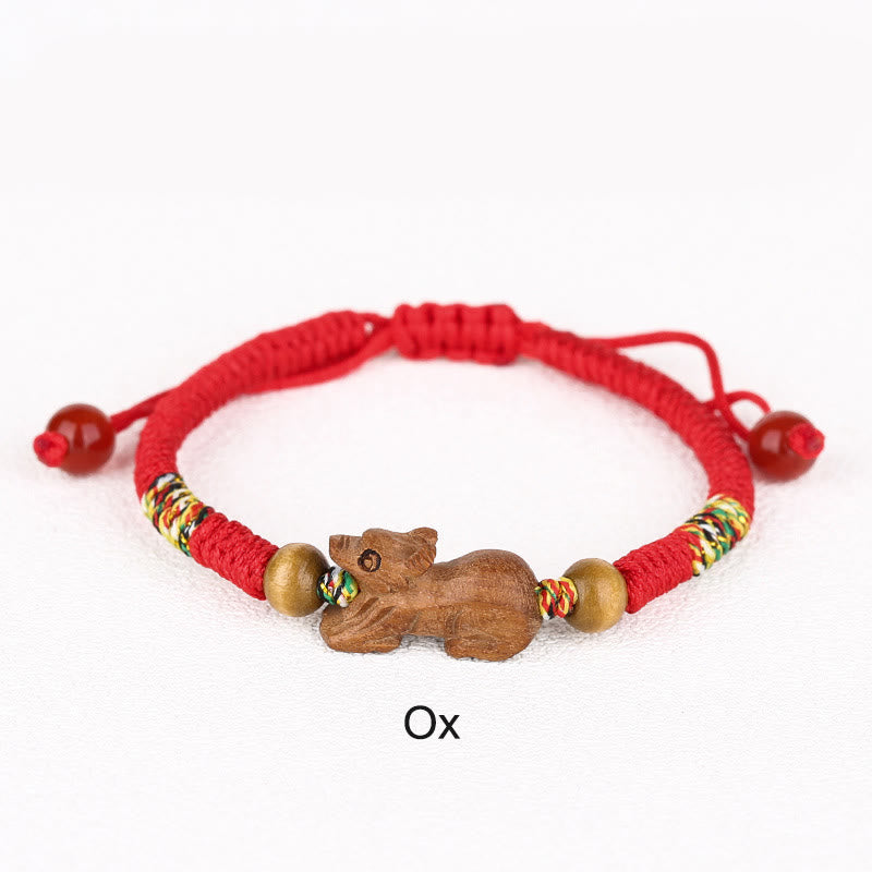 Chinese Zodiac Luck Bracelet with Red String and Peach Wood