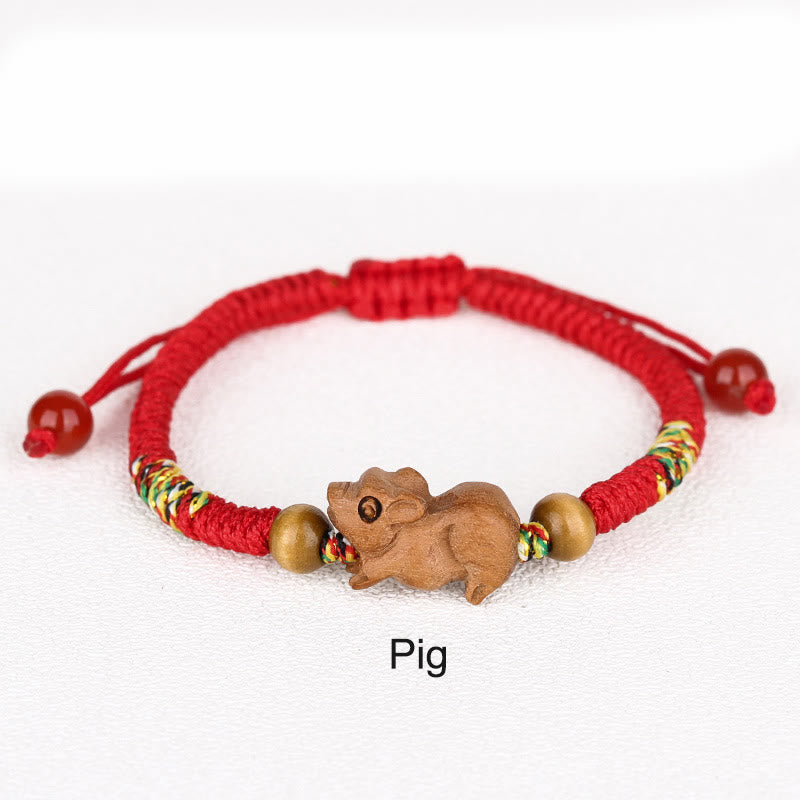 Chinese Zodiac Luck Bracelet with Red String and Peach Wood