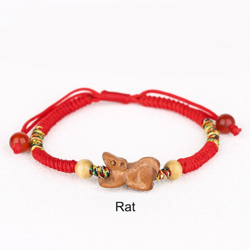 Chinese Zodiac Luck Bracelet with Red String and Peach Wood