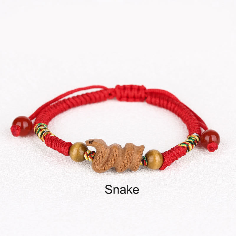 Chinese Zodiac Luck Bracelet with Red String and Peach Wood