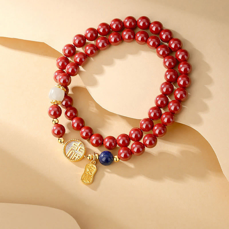 Cinnabar Bracelet with Fu Character and Tridacna Stone