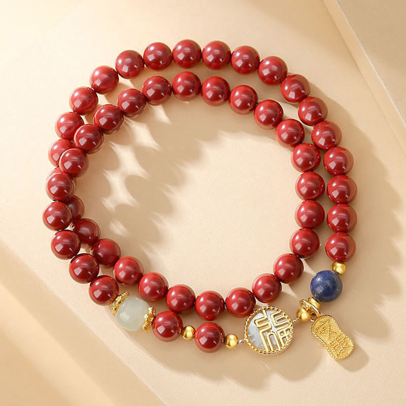 Cinnabar Bracelet with Fu Character and Tridacna Stone