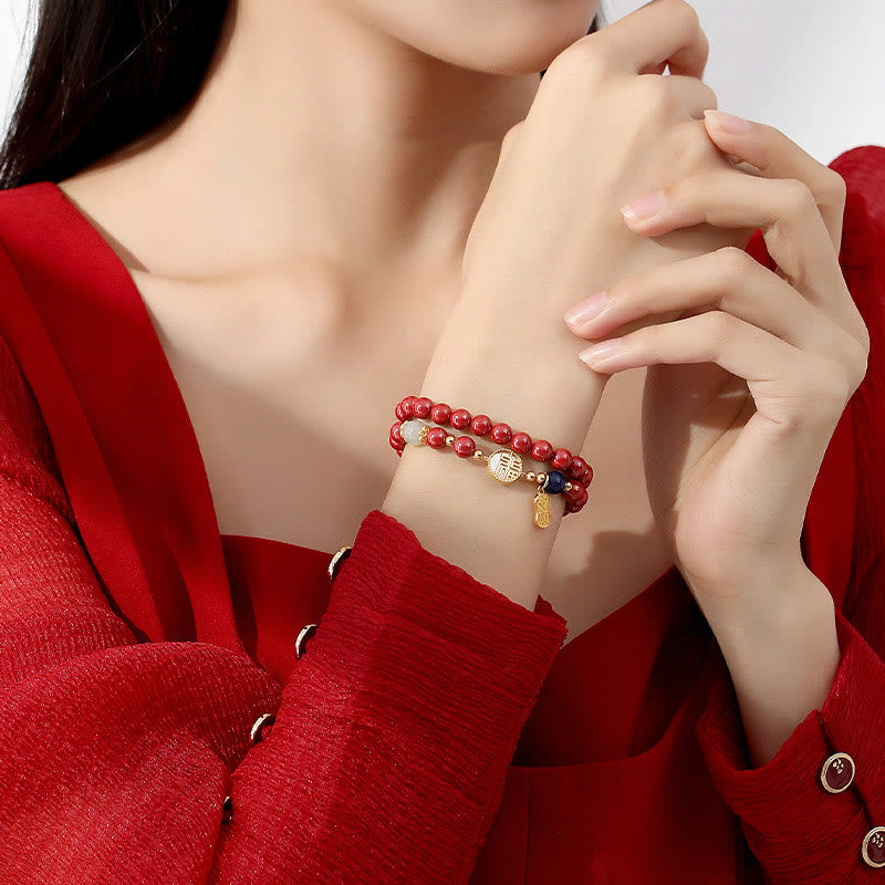Cinnabar Bracelet with Fu Character and Tridacna Stone