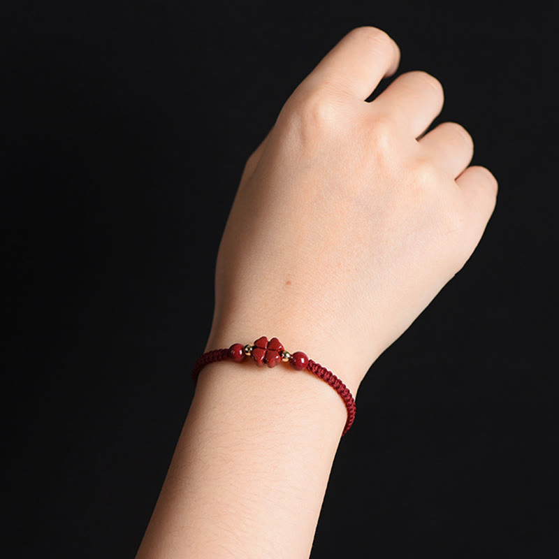 Cinnabar Bracelet with Red String | Four Leaf Clover Blessing