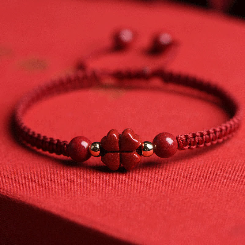 Cinnabar Bracelet with Red String | Four Leaf Clover Blessing