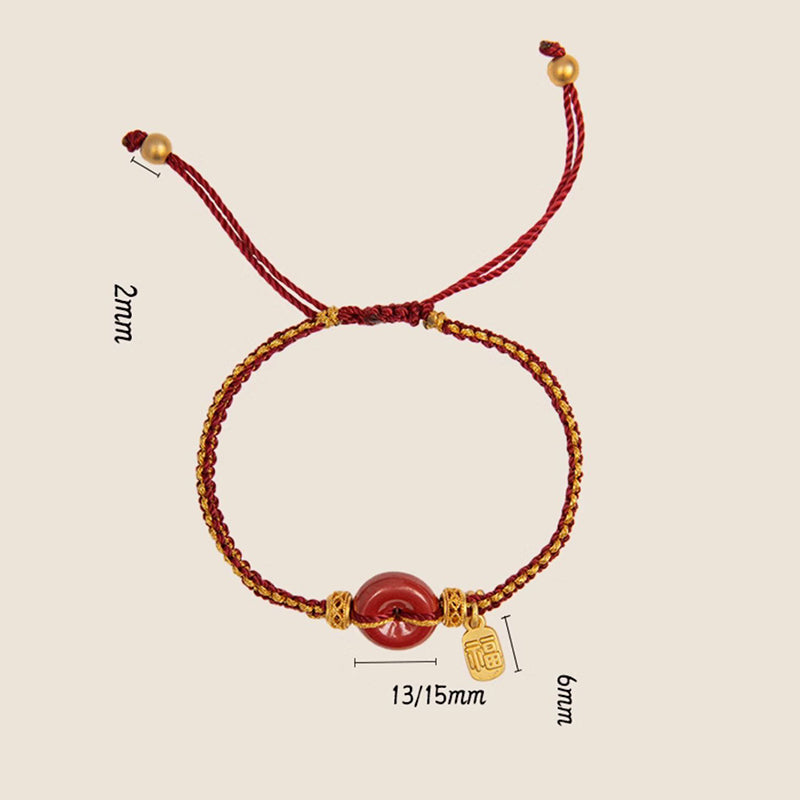 Cinnabar Braided Bracelet with Peace Buckle and Fu Charm