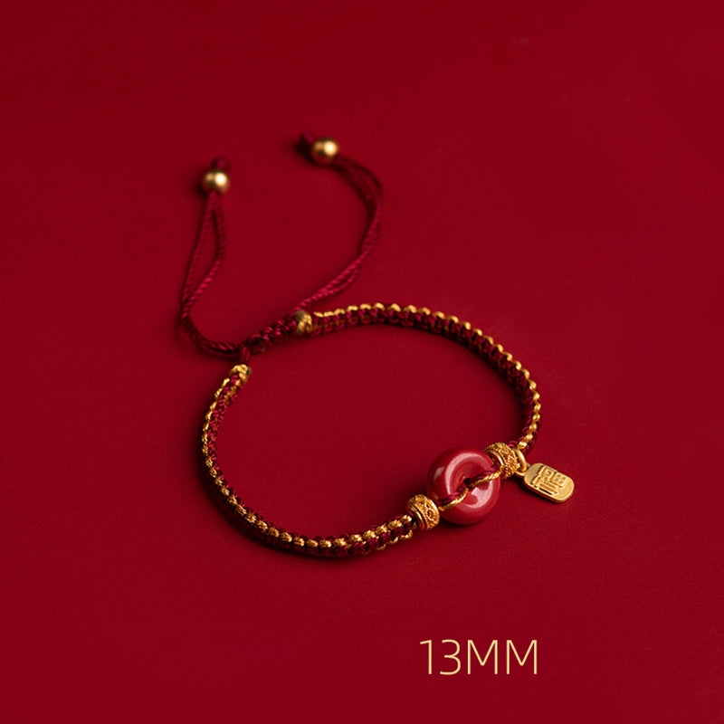 Cinnabar Braided Bracelet with Peace Buckle and Fu Charm