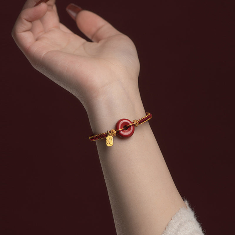 Cinnabar Braided Bracelet with Peace Buckle and Fu Charm