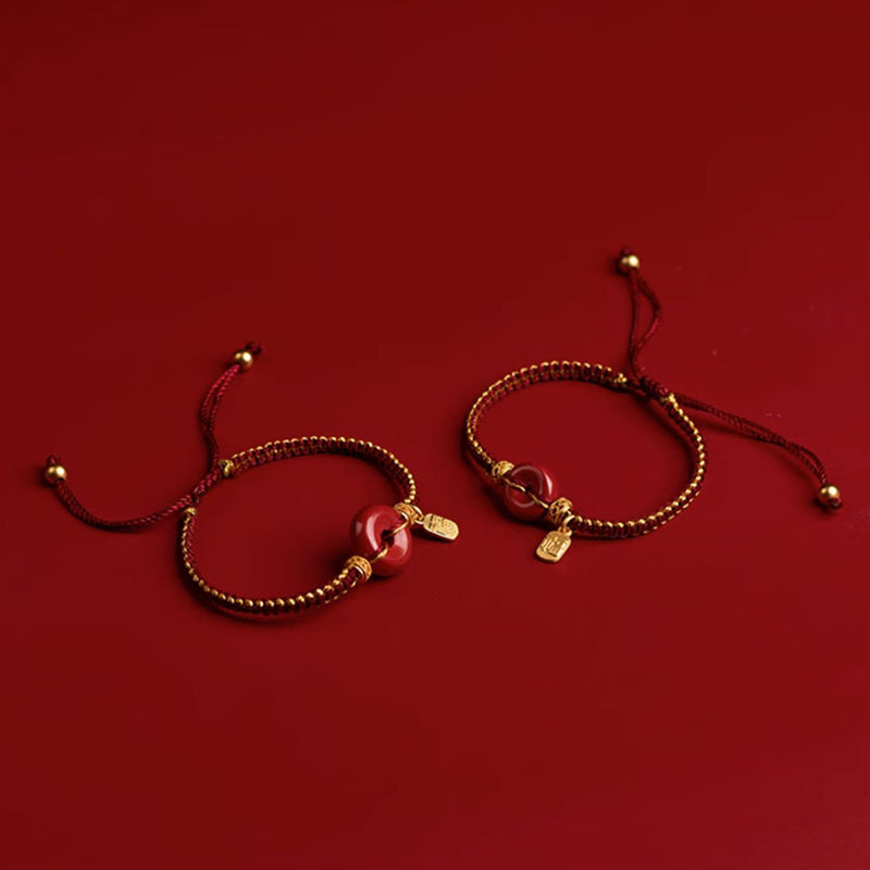 Cinnabar Braided Bracelet with Peace Buckle and Fu Charm