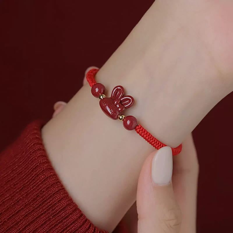 Cinnabar Chinese Zodiac Rabbit Luck Bracelet 14-17cm