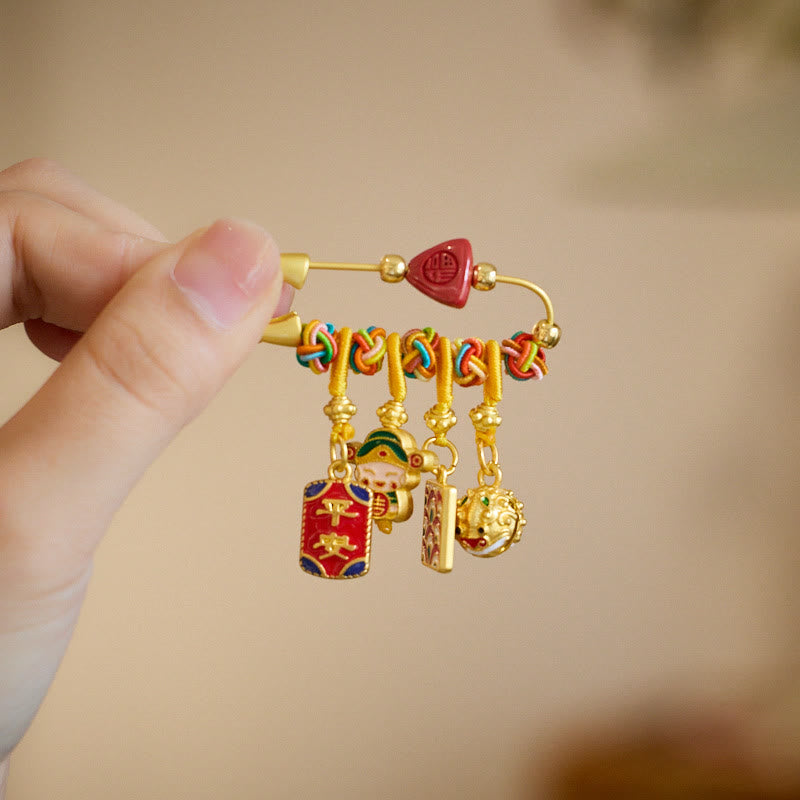 Cinnabar Copper Fu Character Caishen Brooch for Wealth & Protection