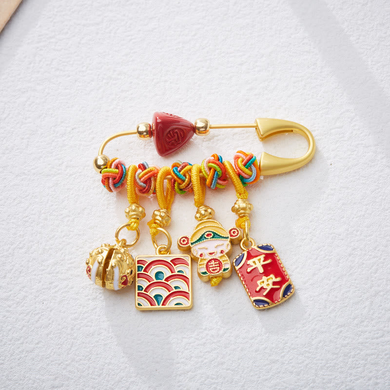 Cinnabar Copper Fu Character Caishen Brooch for Wealth & Protection