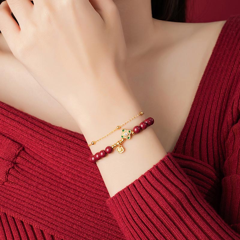 Cinnabar Four Leaf Clover Chain Bracelet in 925 Silver