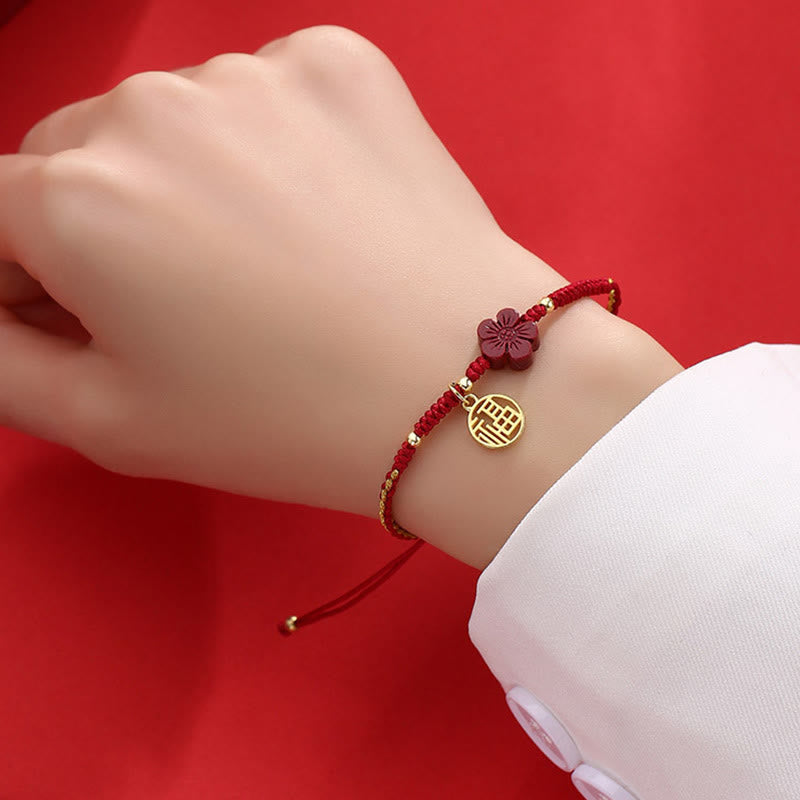 Cinnabar Fu Character Blessing String Bracelet 10mm