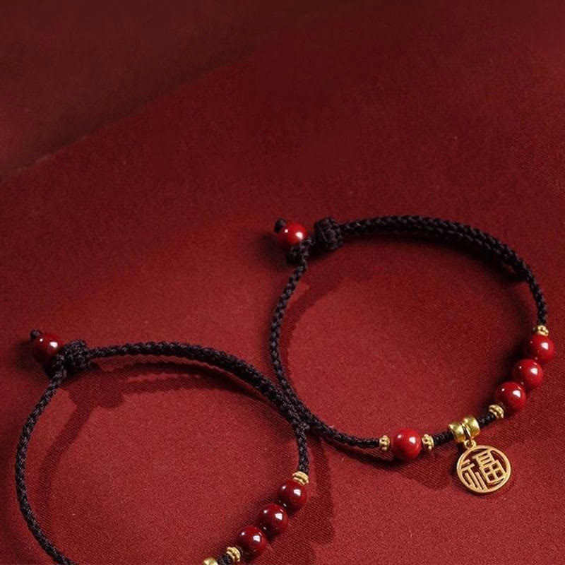 Cinnabar Fu Character Braided String Bracelet 14-19cm