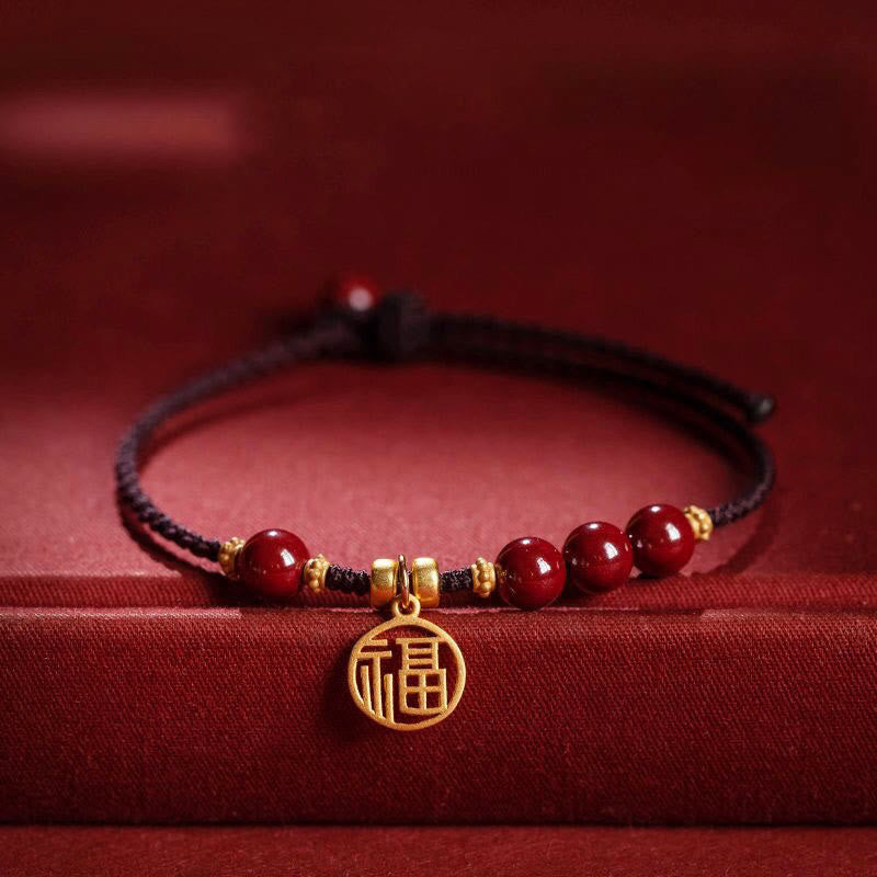 Cinnabar Fu Character Braided String Bracelet 14-19cm