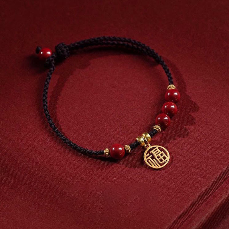 Cinnabar Fu Character Braided String Bracelet 14-19cm