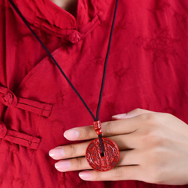 Cinnabar Necklace With Mountain Ghosts & Bagua Blessings Pendant