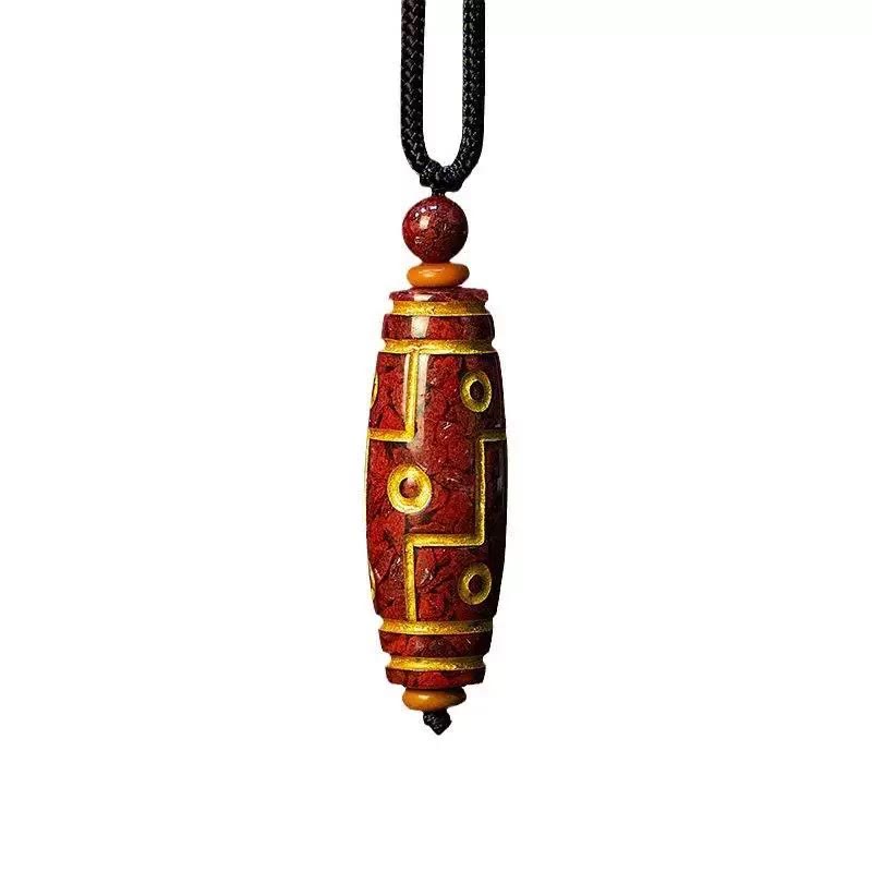 Cinnabar Nine-Eye Dzi Bead Necklace Pendant for Spiritual Protection