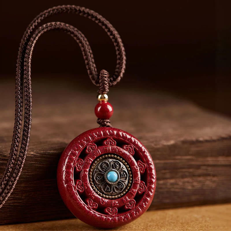 Cinnabar Om Mani Padme Hum Rotatable Pendant Necklace & Key Chain