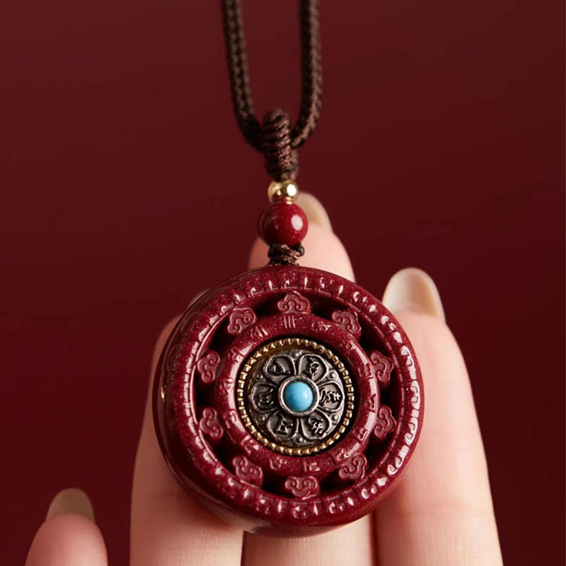 Cinnabar Om Mani Padme Hum Rotatable Pendant Necklace & Key Chain