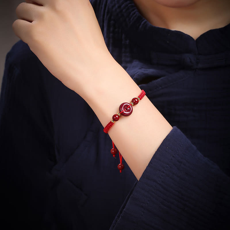 Cinnabar Peace Buckle Bracelet with Red String for Protection & Blessings