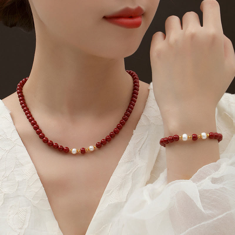 Cinnabar Pearl Blessing Jewelry Set in 925 Sterling Silver