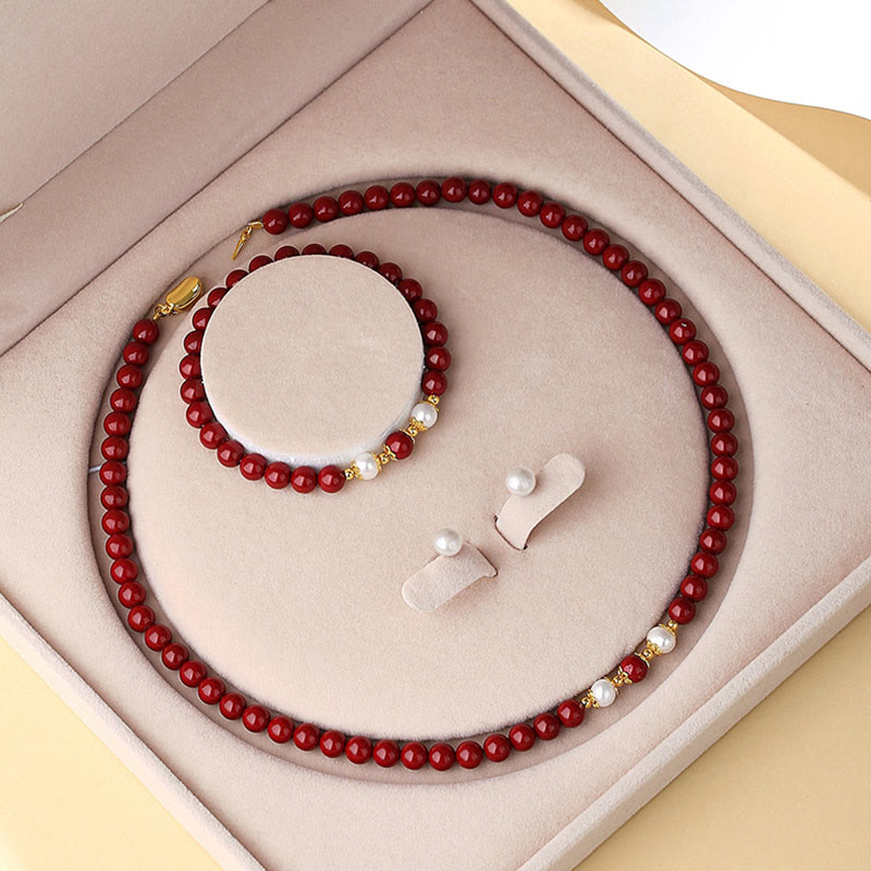 Cinnabar Pearl Blessing Jewelry Set in 925 Sterling Silver