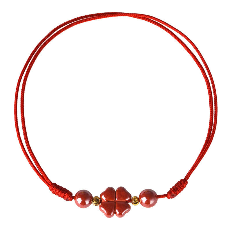 Cinnabar String Bracelet with Four Leaf Clover for Calm & Blessing