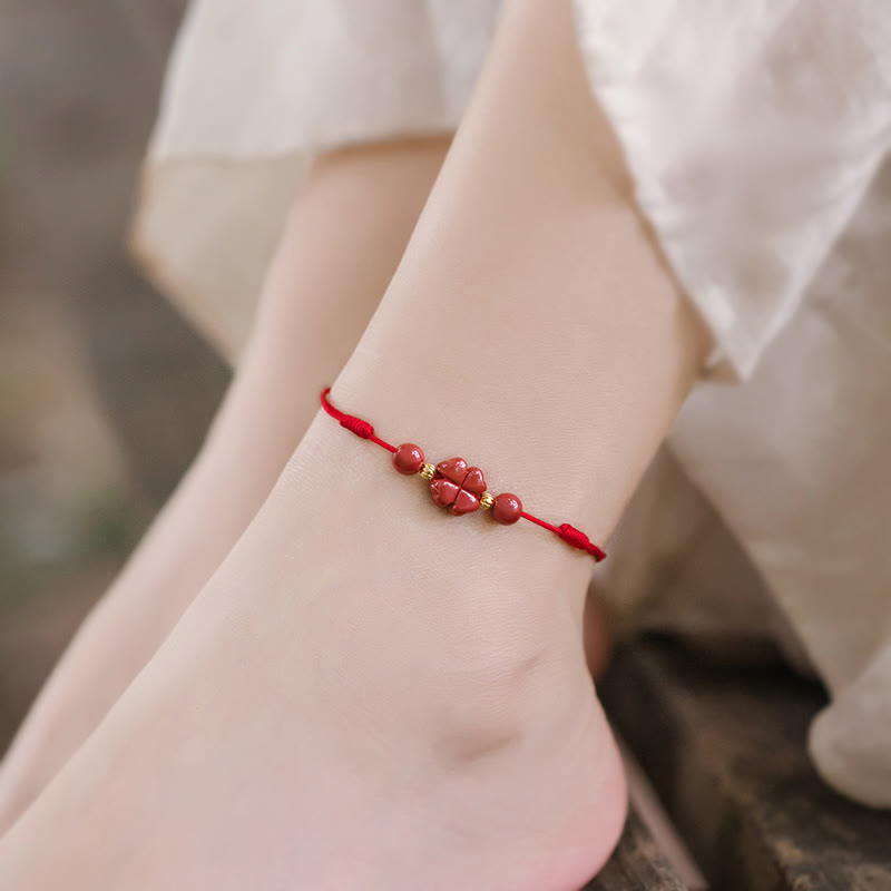 Cinnabar String Bracelet with Four Leaf Clover for Calm & Blessing