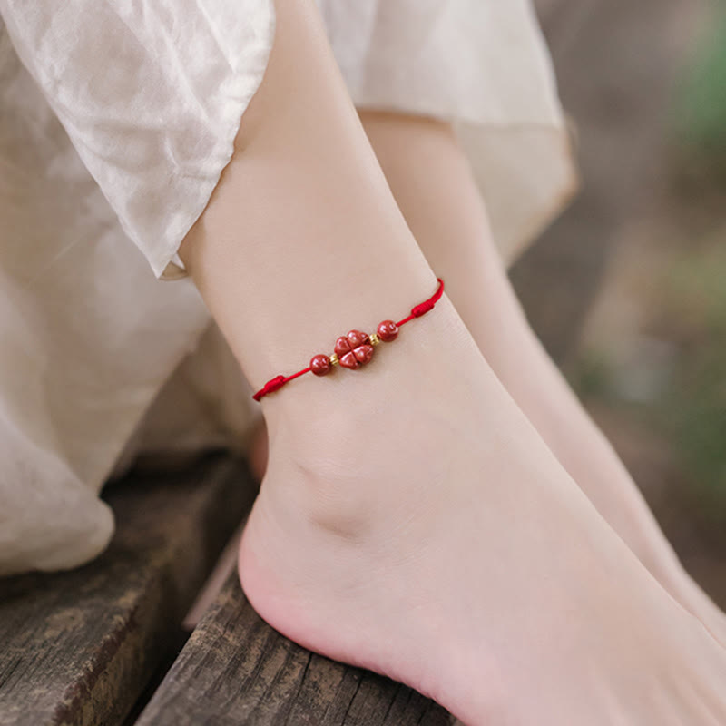 Cinnabar String Bracelet with Four Leaf Clover for Calm & Blessing