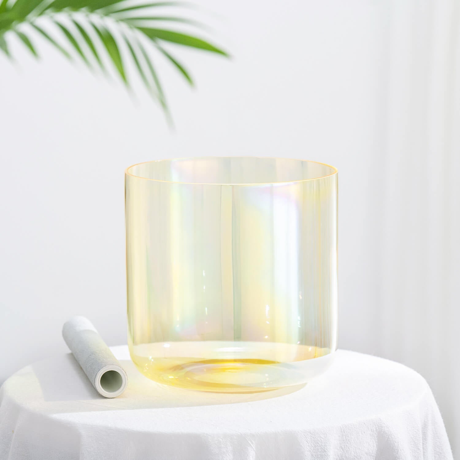 Iridescent cylindrical glass vessel for Citrine Crystal Singing Bowl sound healing