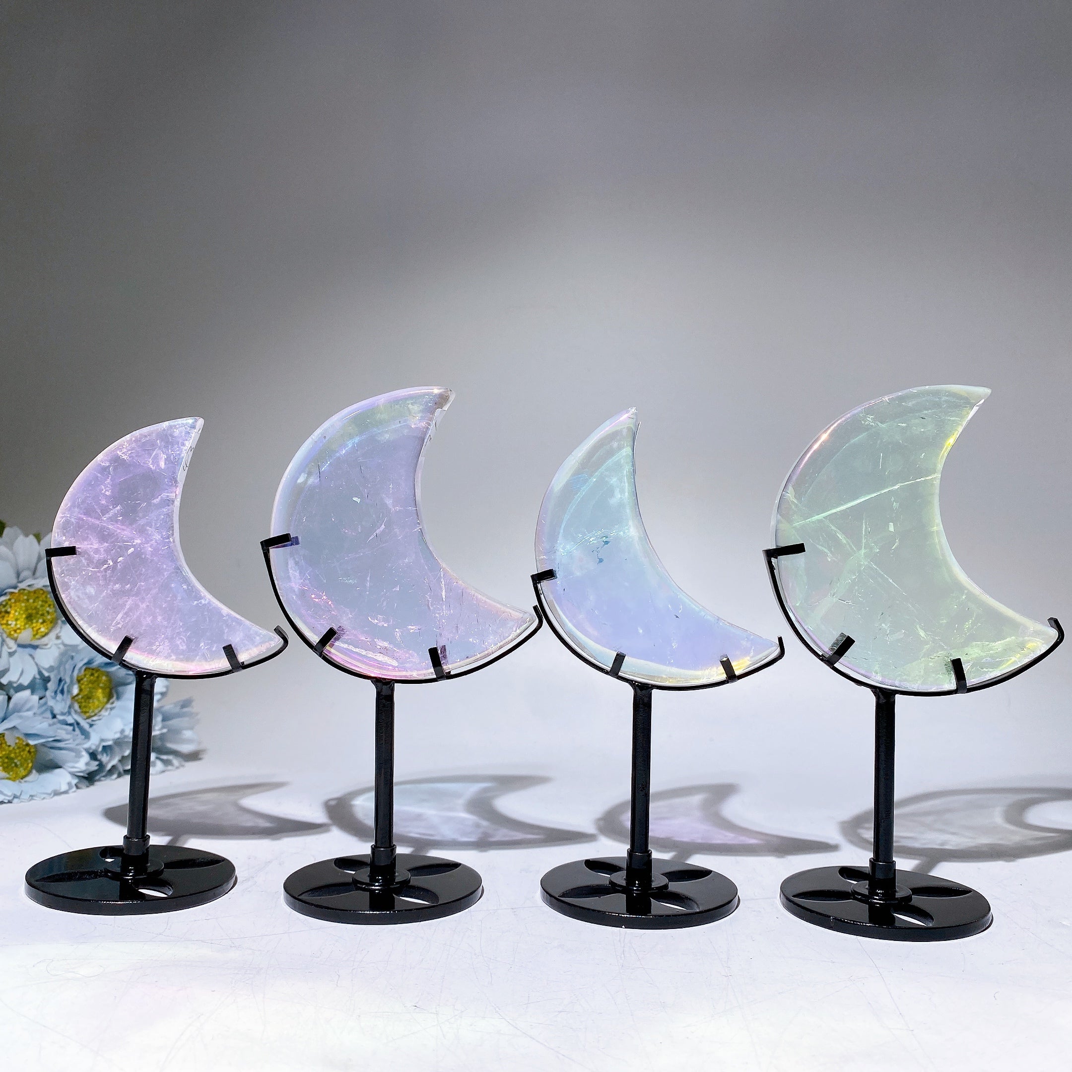 Clear Quartz Aura Angel Moon Carving with Stand 8cm