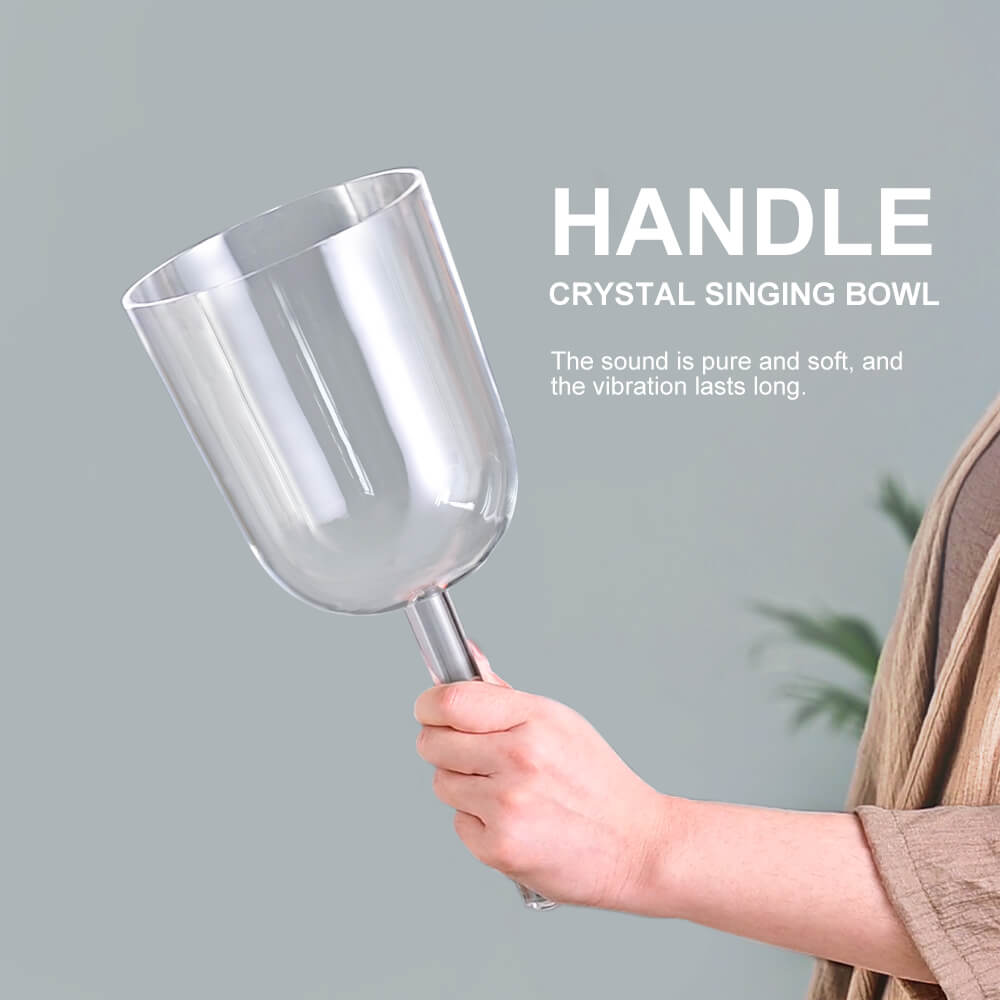 Clear Quartz Handle Singing Bowl with Handle held up, showcasing its elegant design