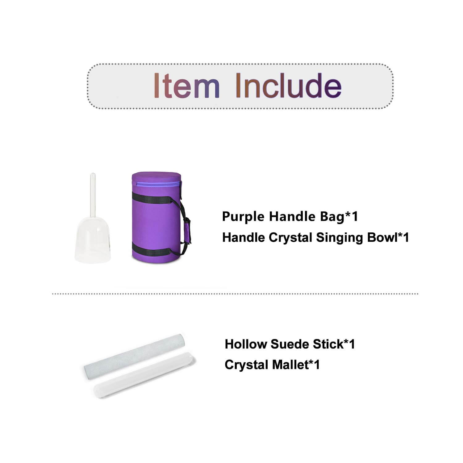 Product contents for Clear Quartz Handle Singing Bowl with Handle, featuring purple bag and accessories