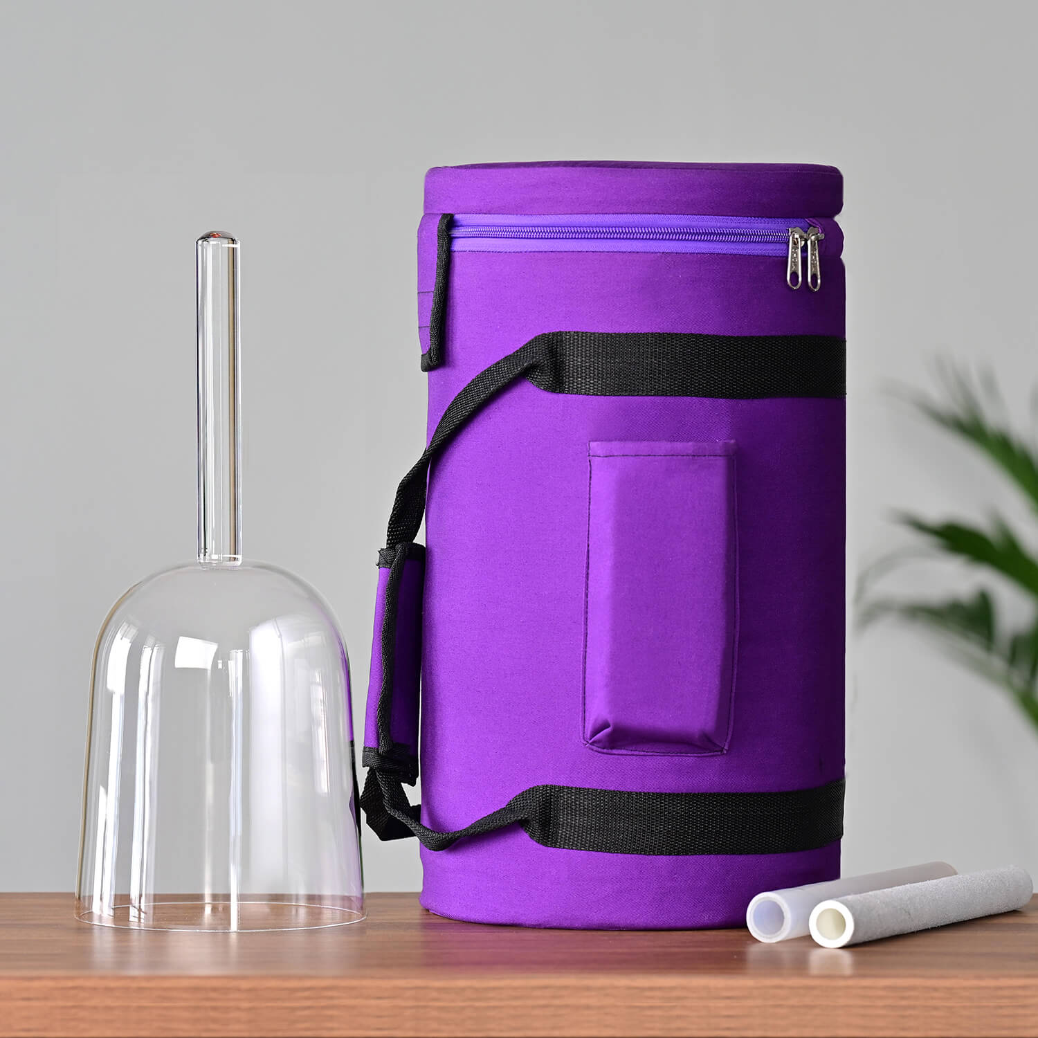 Purple insulated carrier bag with black straps for Clear Quartz Handle Singing Bowl