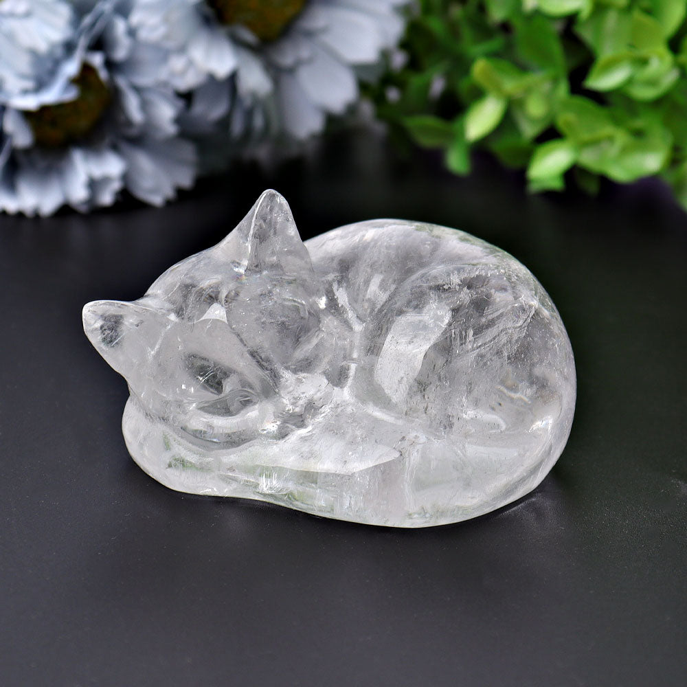 Clear Quartz Sleeping Cat Crystal Figurine 2.1 Inches