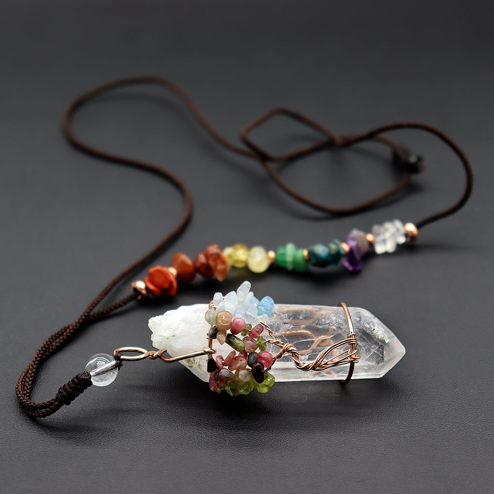 Clear Quartz Tree of Life Chakra Necklace 5cm Point
