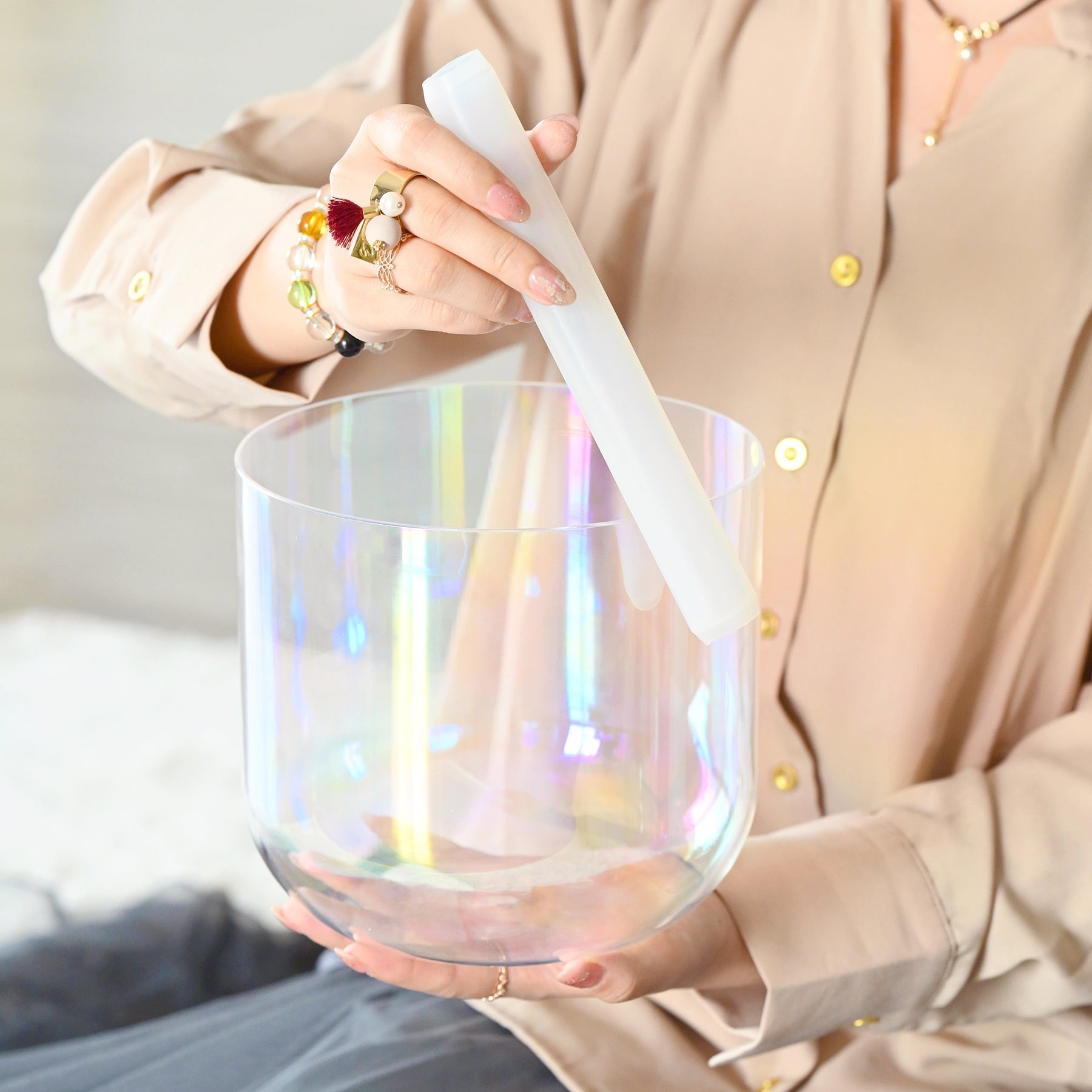 Iridescent Crystal Singing Bowl with holographic rainbow effect for Chakra Healing