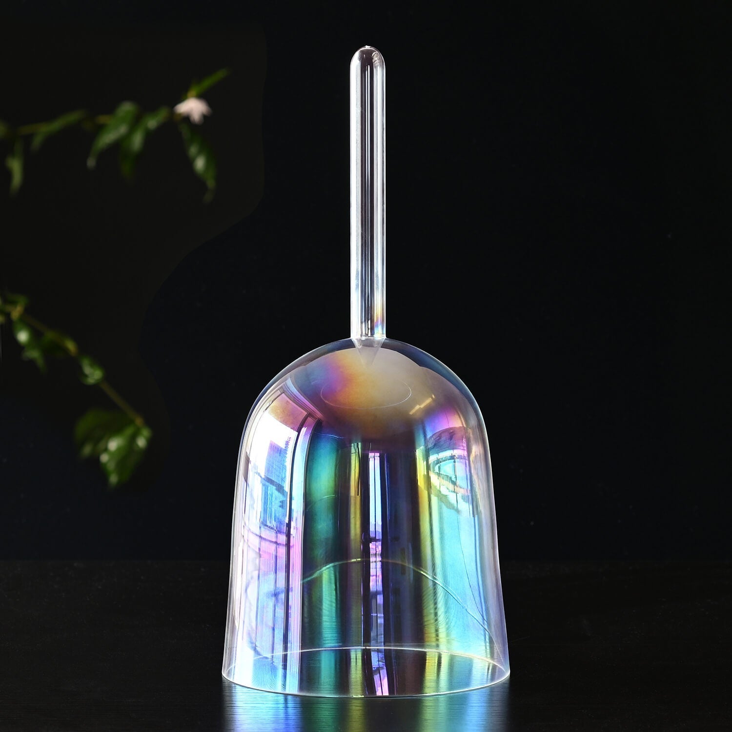 Iridescent glass bell with metallic handle for Clear Rainbow Quartz Crystal Singing Bowl