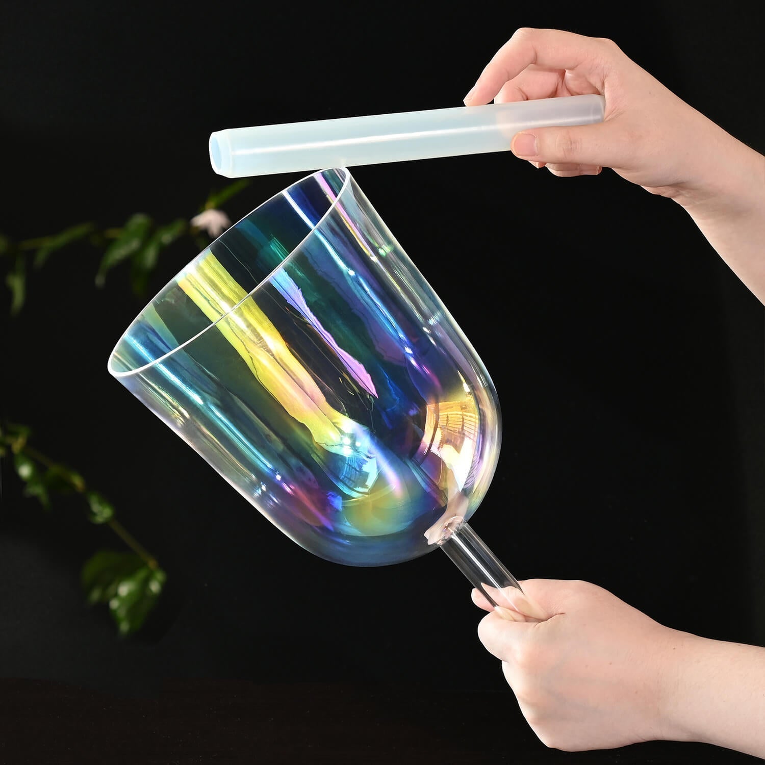 Iridescent wine glass showcasing rainbow pearlescent finish with Clear Rainbow Quartz Bowl