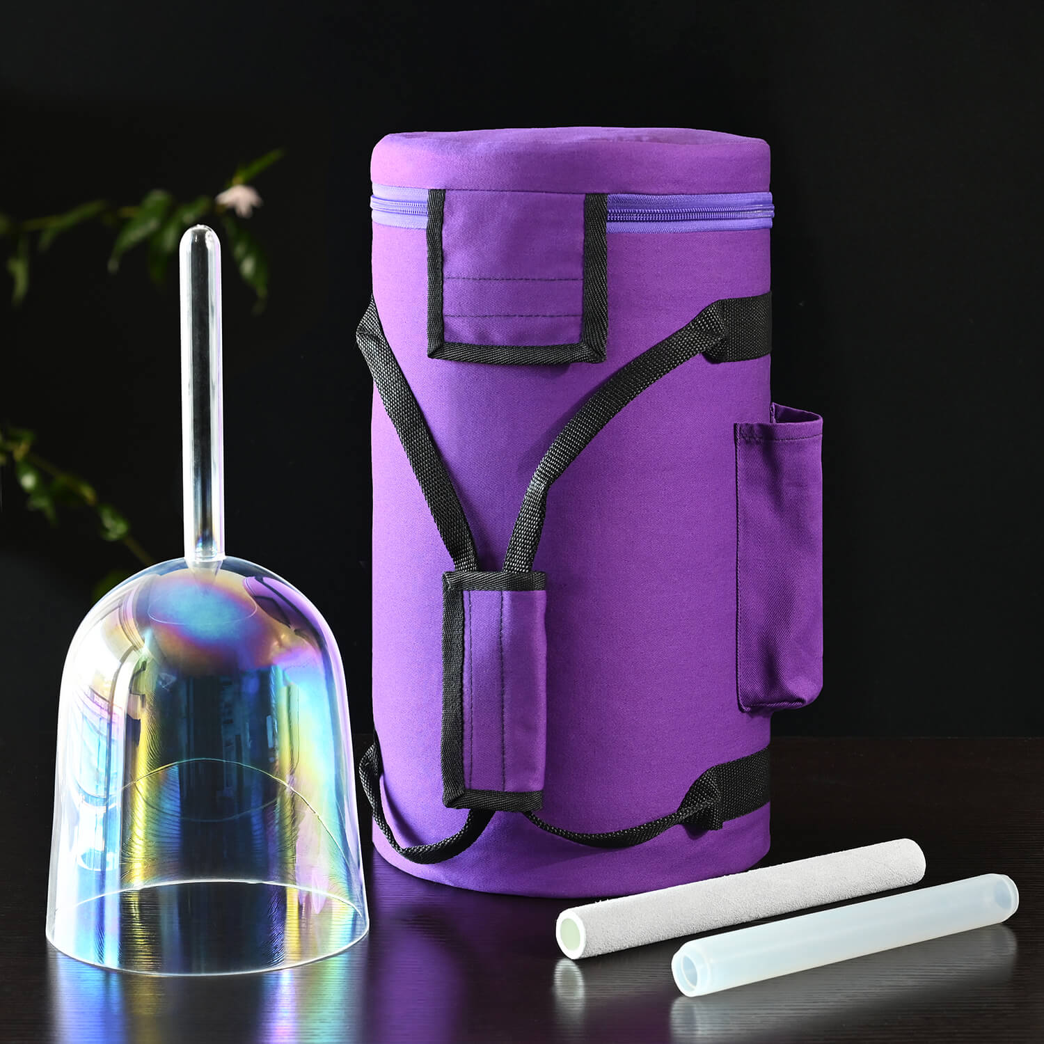 Purple insulated beverage carrier with straps and pockets for Clear Rainbow Quartz Bowl