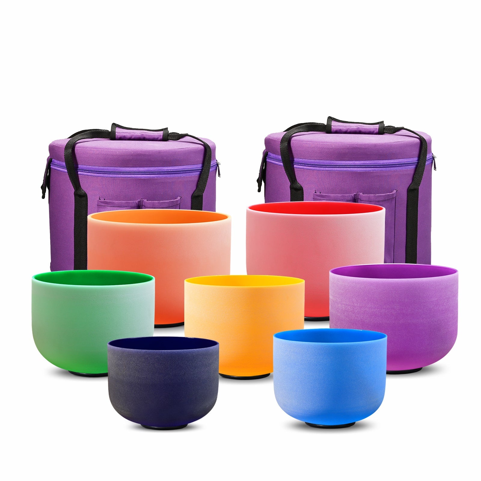 Colorful crystal singing bowls with purple carrying cases for chakra healing set