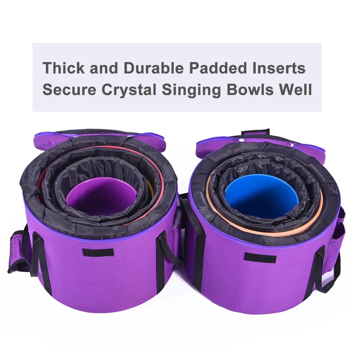 Purple padded carrying cases with protective inserts for Colored Chakra Crystal Singing Bowls