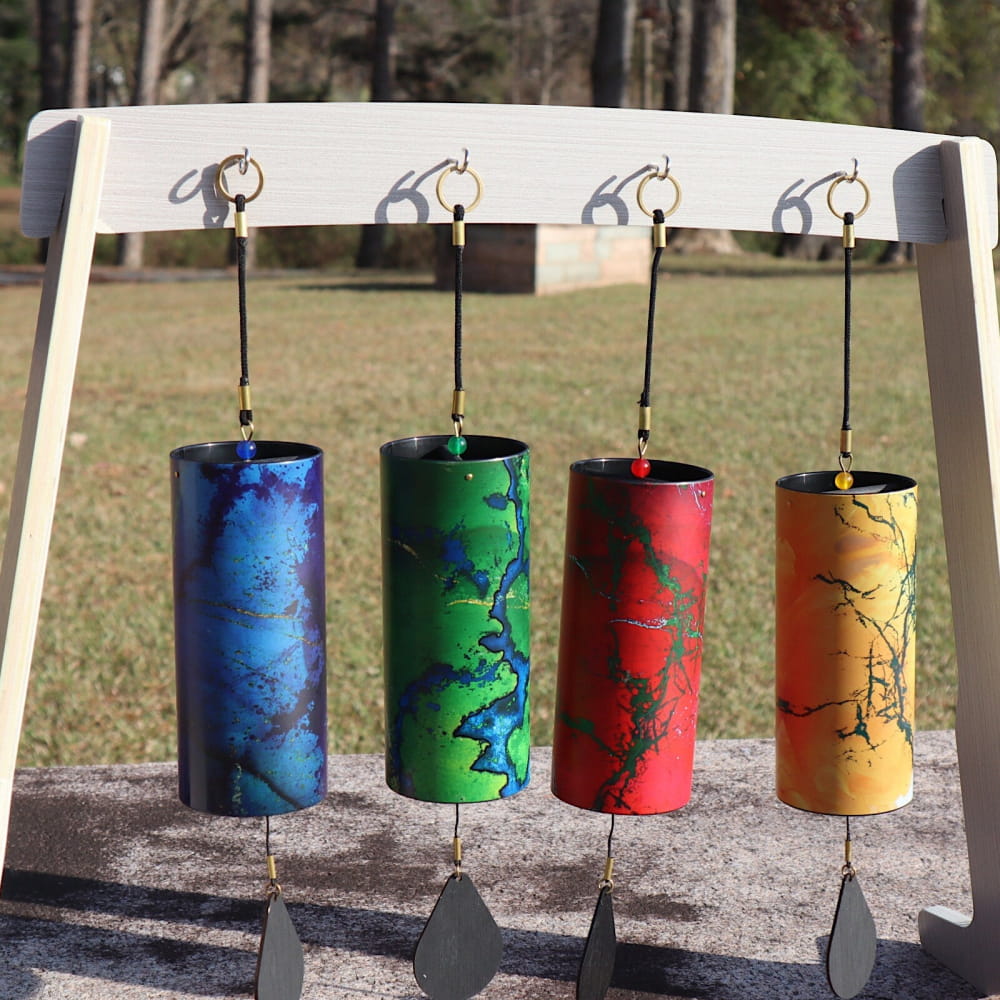 Colorful Koshi Chimes Set of 4 Elements in blue, green, red, and yellow tubes