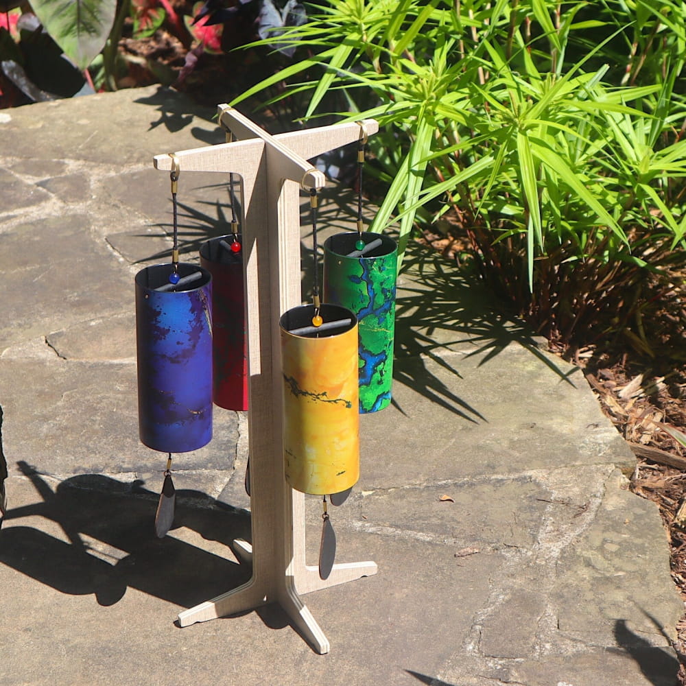 Wooden stand with colorful cylindrical wind chimes from Colored Koshi Chimes Set