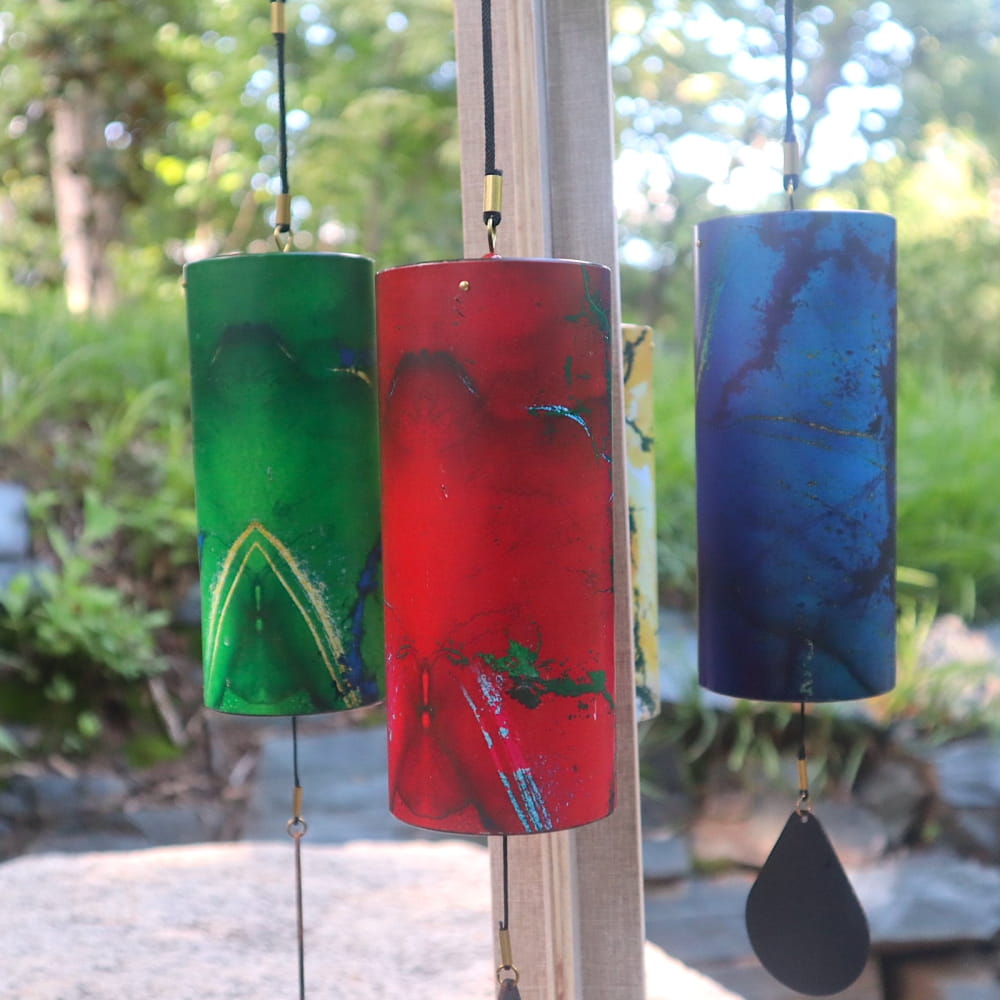 Three colorful wind chimes in green, red, and blue from the Colored Koshi Chimes Set